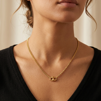 925 Sterling Silver Double Strand Necklace • Gold or Rhodium Plated Puffed Mariner Pendant Layered Rope & Curb Chain Minimalist Choker Gift