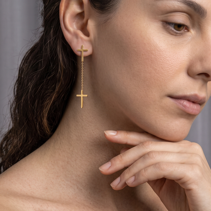 14K Gold Plated Dangling Cross Earring, 925 Sterling Silver Long Drop Crucifix Stud for Men & Women, Heavy Streetwear Hanging Cross Piercing
