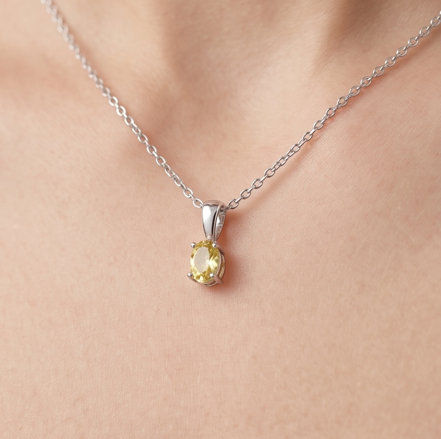 Solid 14K Gold Oval Birthstone Necklace, 925 Sterling Silver 5mm Dainty Solitaire Charm Pendant Personalized Real Gold Birthday Gift for Her