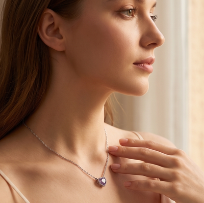 Solid 14K Gold Heart Birthstone Necklace, 925 Sterling Silver 5mm Grain Fancy Beaded Charm Pendant, Personalized Birthday Gift for Her