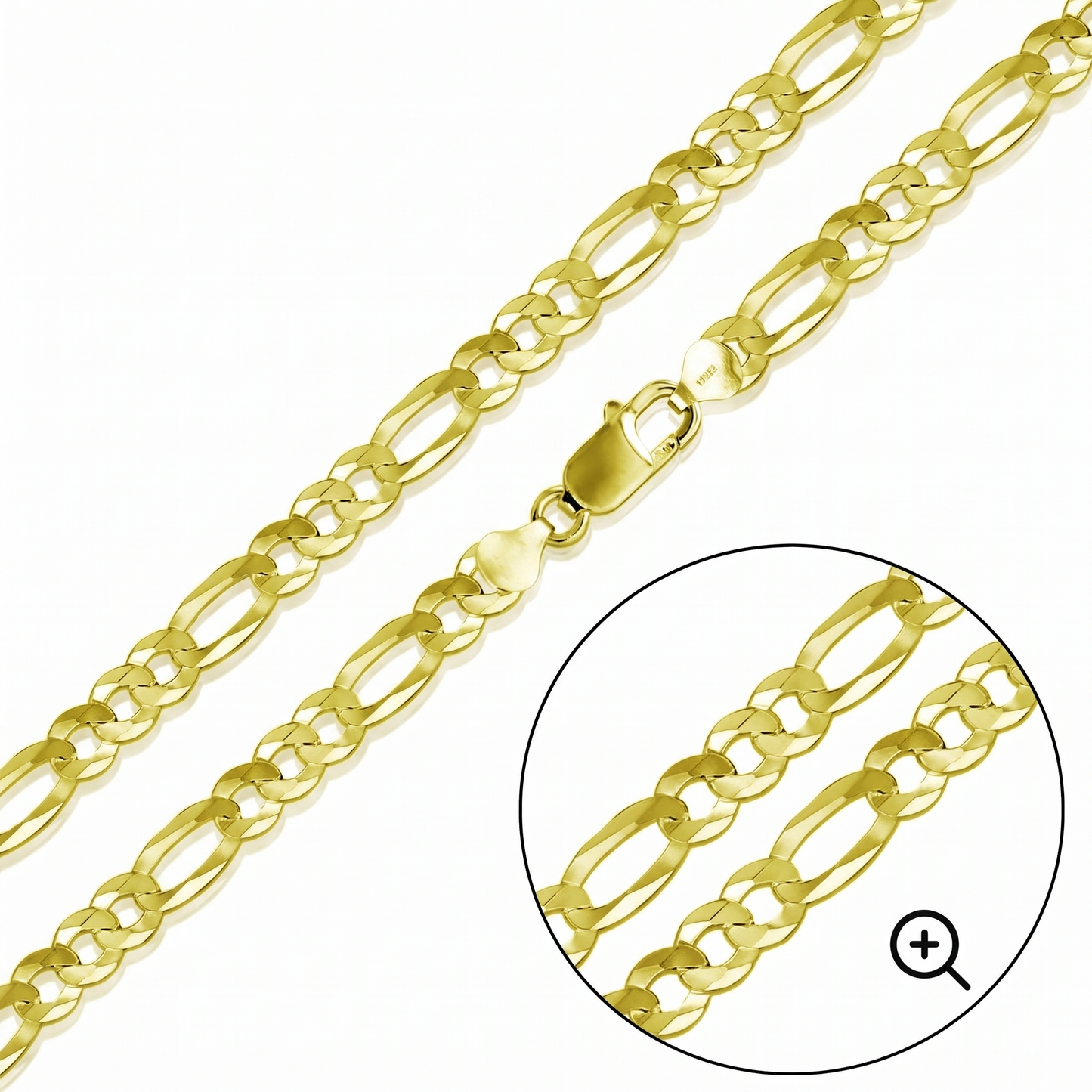 Solid 925 Sterling Silver Figaro Chain, 14K Gold Plated Alternating Link Necklace for Men & Women, Heavy Flat Chain 5mm to 8.9mm