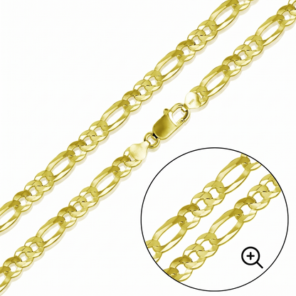 Solid 925 Sterling Silver Figaro Chain, 14K Gold Plated Alternating Link Necklace for Men & Women, Heavy Flat Chain 5mm to 8.9mm