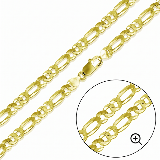 Solid 925 Sterling Silver Figaro Chain, 14K Gold Plated Alternating Link Necklace for Men & Women, Heavy Flat Chain 5mm to 8.9mm
