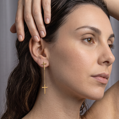 14K Gold Plated Dangling Cross Earring, 925 Sterling Silver Long Drop Crucifix Stud for Men & Women, Heavy Streetwear Hanging Cross Piercing