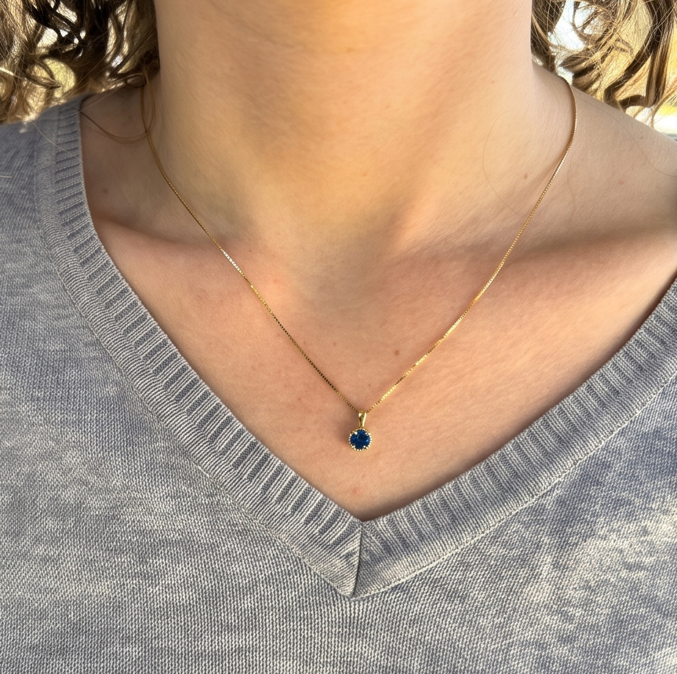 Solid 14K Gold Birthstone Pendant, 5mm Small Dainty Round Milgrain Beaded Charm for Women, Personalized Real Gold Birthday Gift for Her Stackable