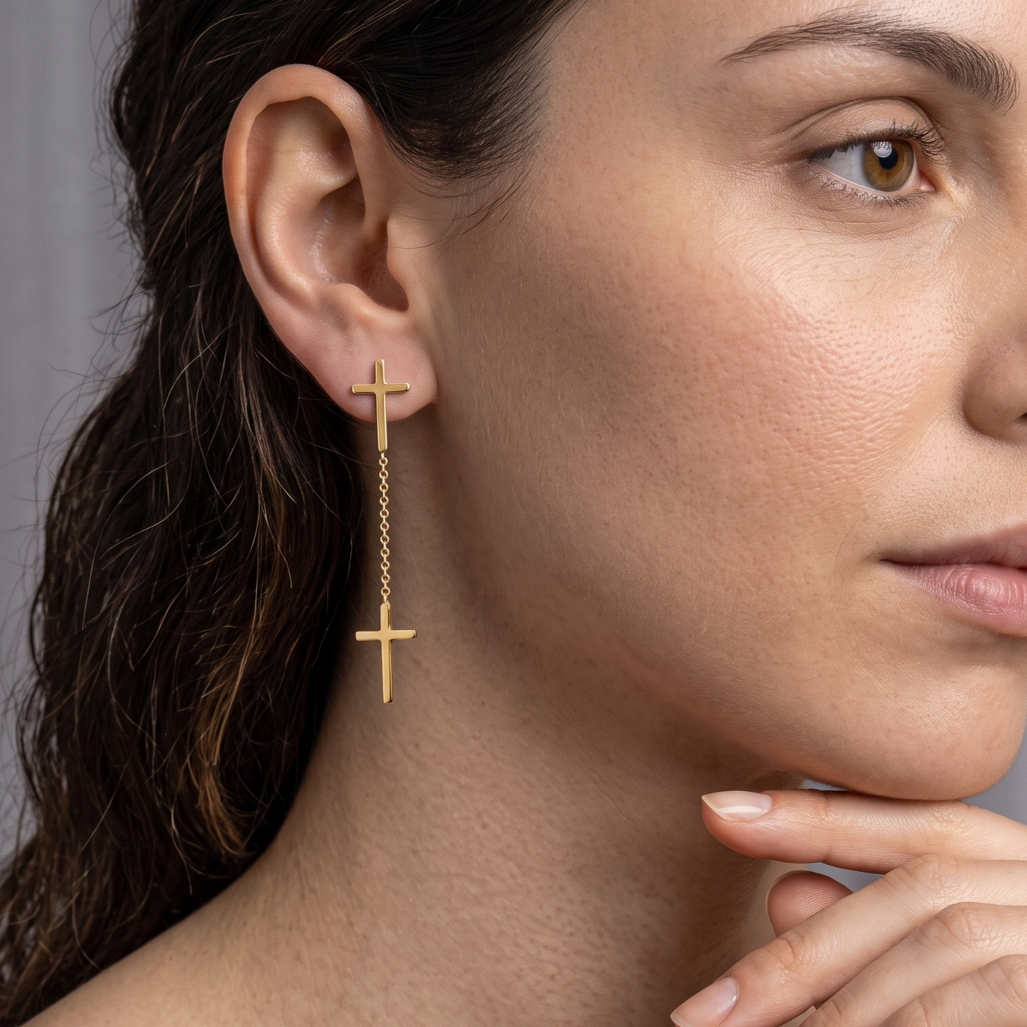 14K Gold Plated Dangling Cross Earring, 925 Sterling Silver Long Drop Crucifix Stud for Men & Women, Heavy Streetwear Hanging Cross Piercing