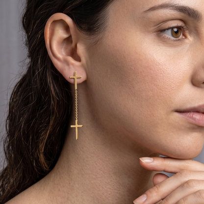 14K Gold Plated Dangling Cross Earring, 925 Sterling Silver Long Drop Crucifix Stud for Men & Women, Heavy Streetwear Hanging Cross Piercing