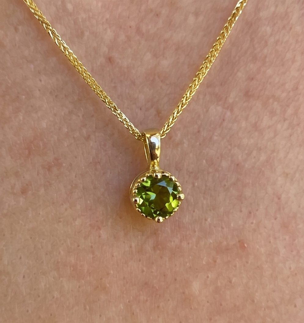 Solid 14K Gold Birthstone Pendant, 5mm Small Dainty Round Milgrain Beaded Charm for Women, Personalized Real Gold Birthday Gift for Her Stackable