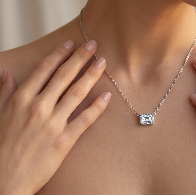 Solid 14K Gold Emerald Cut Birthstone Necklace, 925 Sterling Silver 7x5mm Dainty Rectangle Fancy Charm Pendant, Personalized Gift for Her