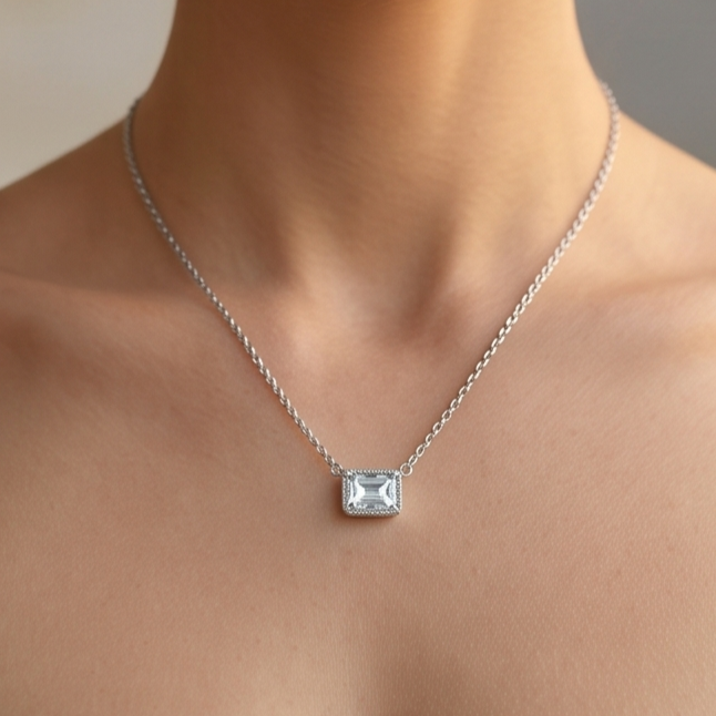 Solid 14K Gold Emerald Cut Birthstone Necklace, 925 Sterling Silver 7x5mm Dainty Rectangle Fancy Charm Pendant, Personalized Gift for Her