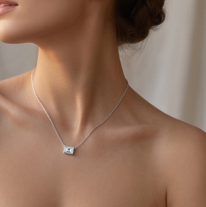 Solid 14K Gold Emerald Cut Birthstone Necklace, 925 Sterling Silver 7x5mm Dainty Rectangle Fancy Charm Pendant, Personalized Gift for Her