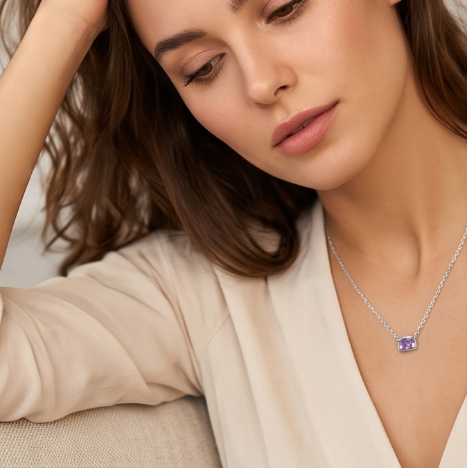 Solid 14K Gold Emerald Cut Birthstone Necklace, 925 Sterling Silver 6x4mm Dainty Rectangle Fancy Charm Pendant, Personalized Gift for Her