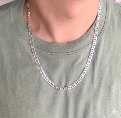 Solid 925 Sterling Silver Mariner Chain Reversible Diamond Cut & High Polish Anchor Link Necklace for Men and Women, Silver Mariner Necklace