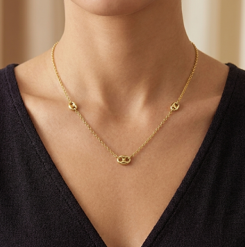 925 Sterling Silver 3 Puffed Mariner Necklace • Gold or Rhodium Plated Anchor Link Charm • Dainty Minimalist Triple Puff Choker Gift for Her