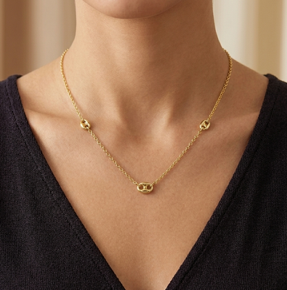 925 Sterling Silver 3 Puffed Mariner Necklace • Gold or Rhodium Plated Anchor Link Charm • Dainty Minimalist Triple Puff Choker Gift for Her