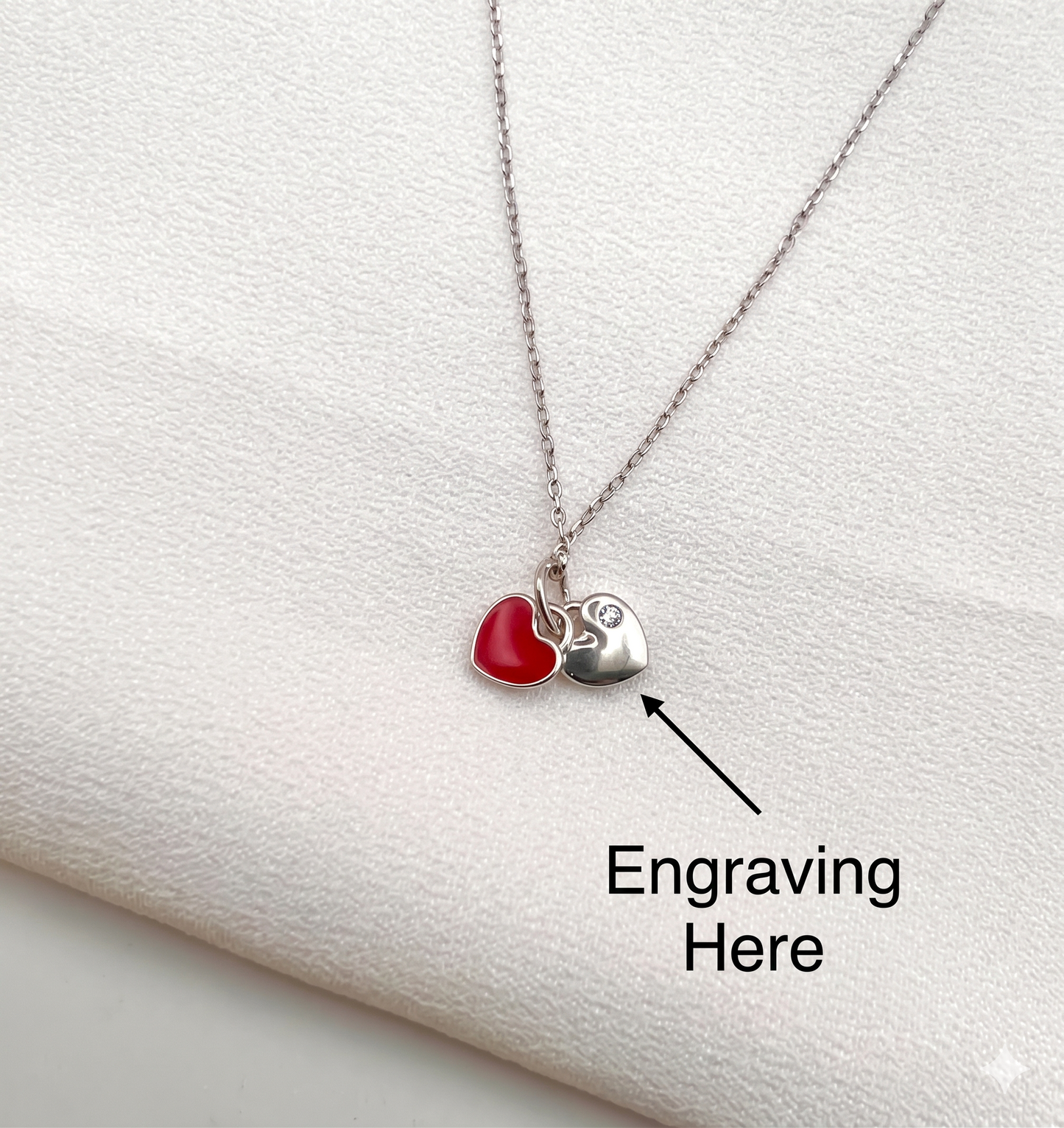 Solid 925 Sterling Silver Custom Engraved Red Enamel Double Heart Necklace, Iced CZ Love Pendant, Personalized Silver Red Heart Necklace