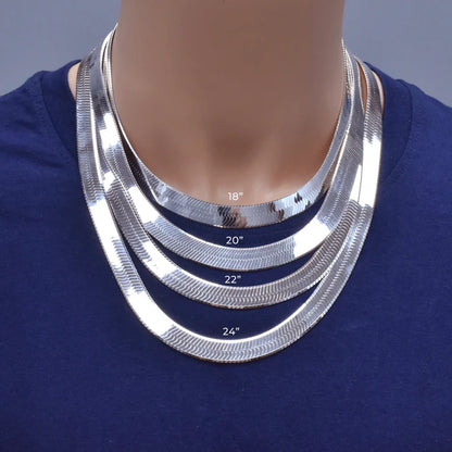 Solid 925 Sterling Silver Herringbone Chain, Flat Liquid Silver Snake Ribbon Necklace for Men & Women, High Polish Herringbone Necklace