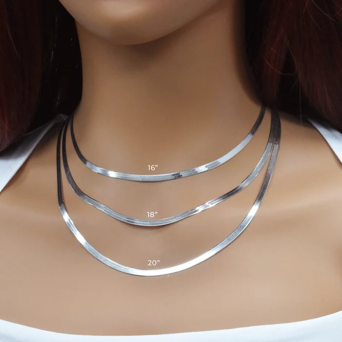 Solid 925 Sterling Silver Herringbone Chain, Flat Liquid Silver Snake Ribbon Necklace for Men & Women, High Polish Herringbone Necklace