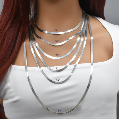 Solid 925 Sterling Silver Herringbone Chain, Flat Liquid Silver Snake Ribbon Necklace for Men & Women, High Polish Herringbone Necklace
