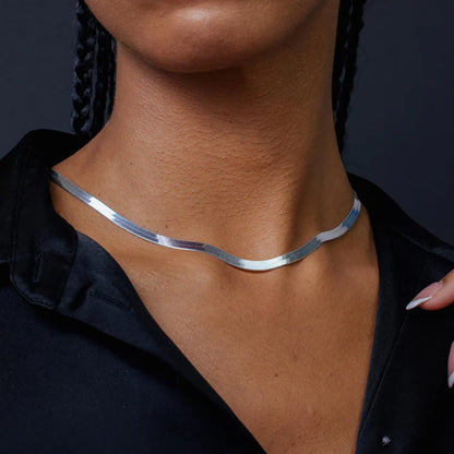 Solid 925 Sterling Silver Herringbone Chain, Flat Liquid Silver Snake Ribbon Necklace for Men & Women, High Polish Herringbone Necklace
