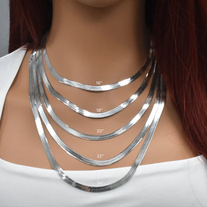 Solid 925 Sterling Silver Herringbone Chain, Flat Liquid Silver Snake Ribbon Necklace for Men & Women, High Polish Herringbone Necklace