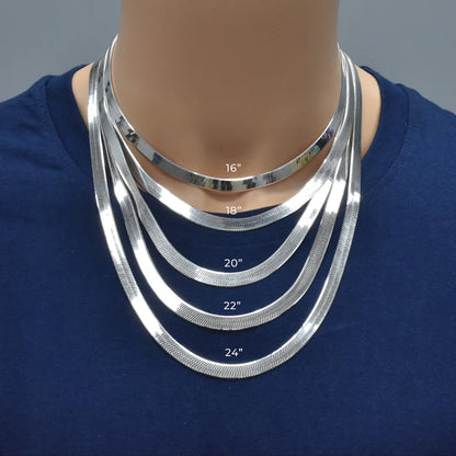 Solid 925 Sterling Silver Herringbone Chain, Flat Liquid Silver Snake Ribbon Necklace for Men & Women, High Polish Herringbone Necklace
