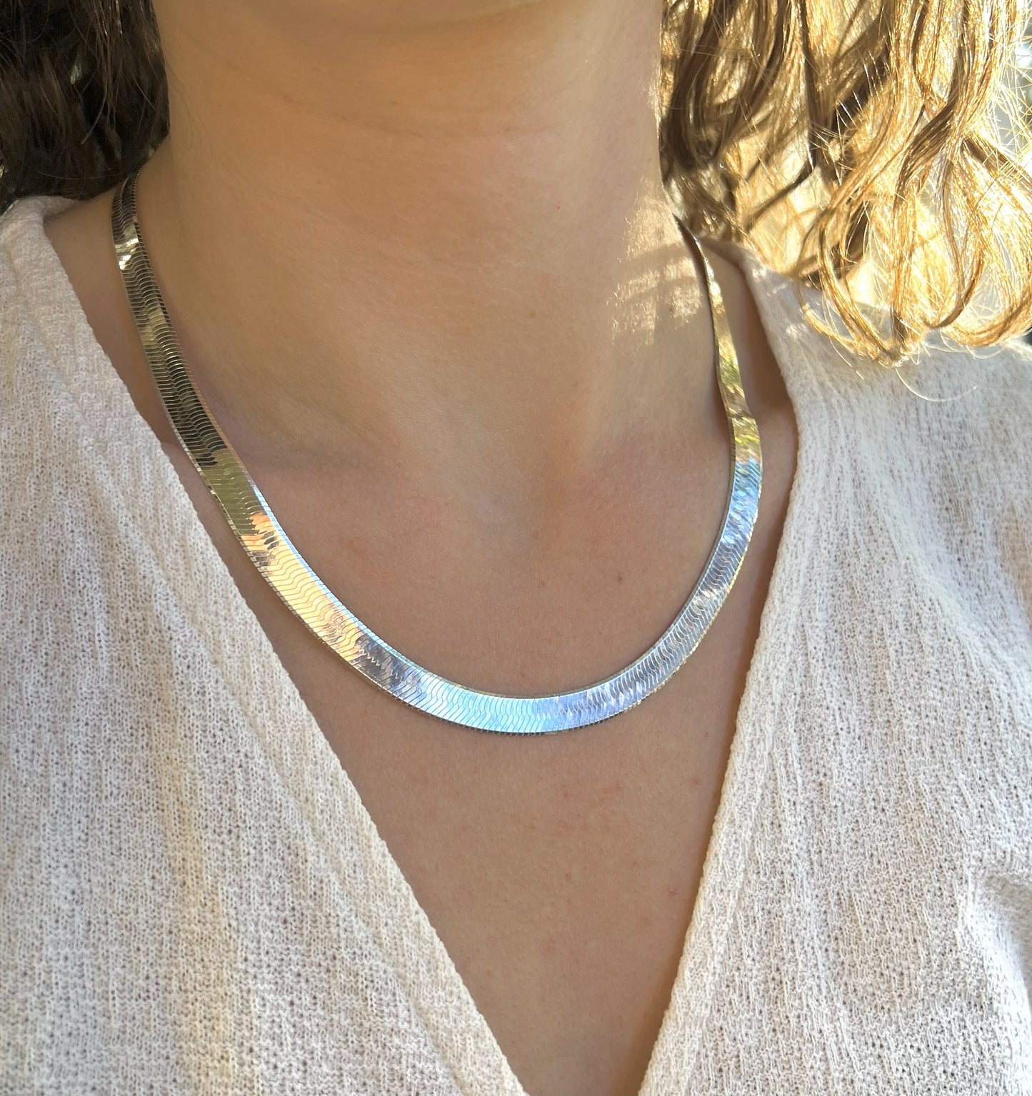 Solid 925 Sterling Silver Herringbone Chain, Flat Liquid Silver Snake Ribbon Necklace for Men & Women, High Polish Herringbone Necklace