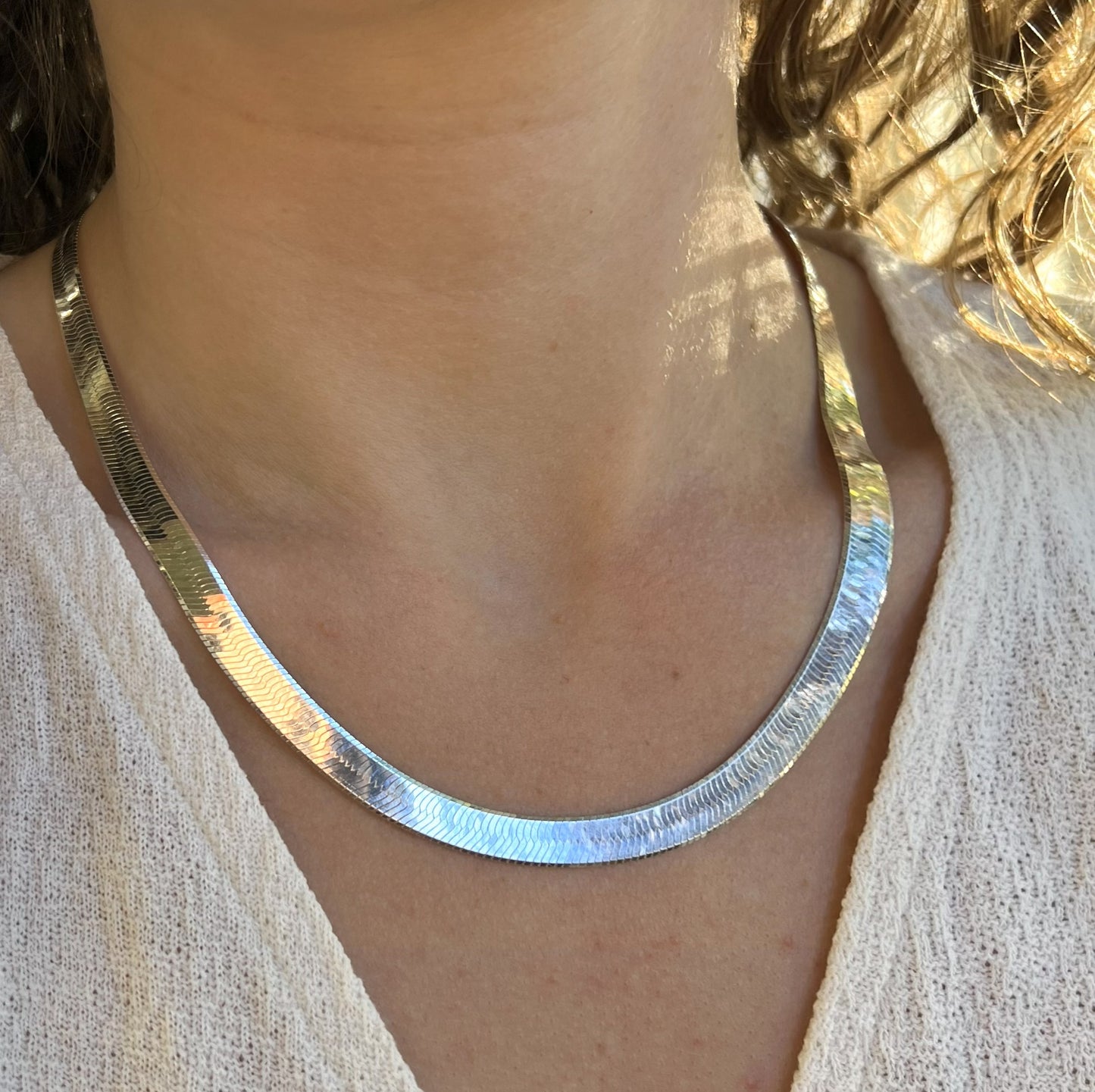 Solid 925 Sterling Silver Herringbone Chain, Flat Liquid Silver Snake Ribbon Necklace for Men & Women, High Polish Herringbone Necklace
