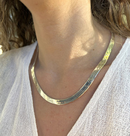 Solid 925 Sterling Silver Herringbone Chain, Flat Liquid Silver Snake Ribbon Necklace for Men & Women, High Polish Herringbone Necklace