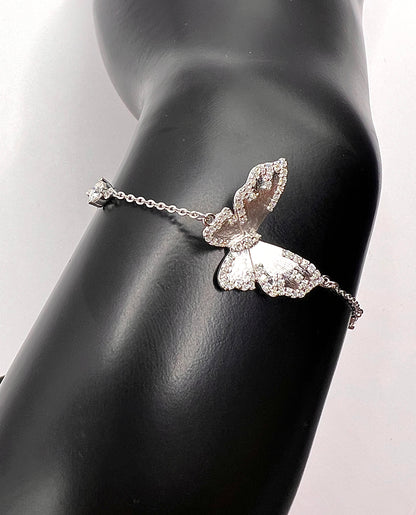 Moissanite Butterfly Necklace and Bracelet Set, 925 Sterling Silver Brushed Wing Enhancer Pendant, Custom Set Luxury Gift for Her