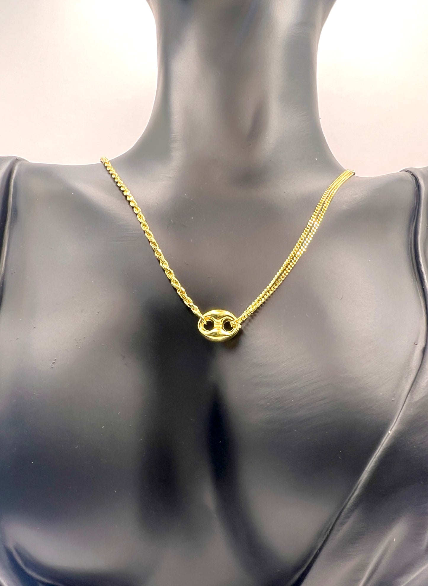 925 Sterling Silver Double Strand Necklace • Gold or Rhodium Plated Puffed Mariner Pendant Layered Rope & Curb Chain Minimalist Choker Gift