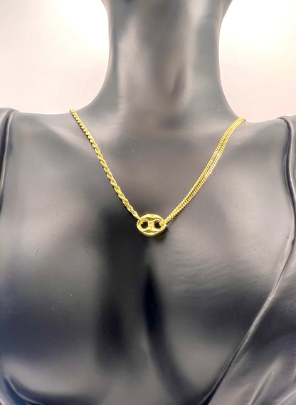 925 Sterling Silver Double Strand Necklace • Gold or Rhodium Plated Puffed Mariner Pendant Layered Rope & Curb Chain Minimalist Choker Gift