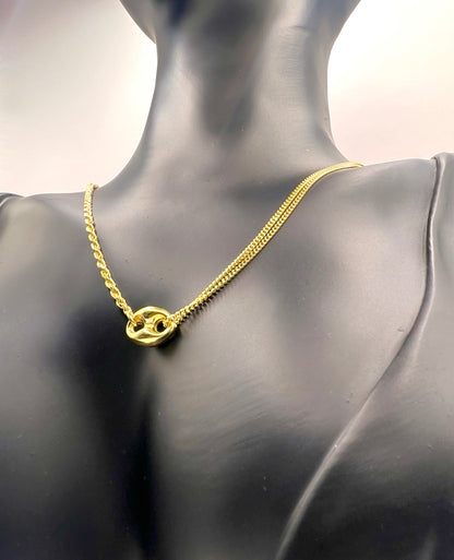 925 Sterling Silver Double Strand Necklace • Gold or Rhodium Plated Puffed Mariner Pendant Layered Rope & Curb Chain Minimalist Choker Gift