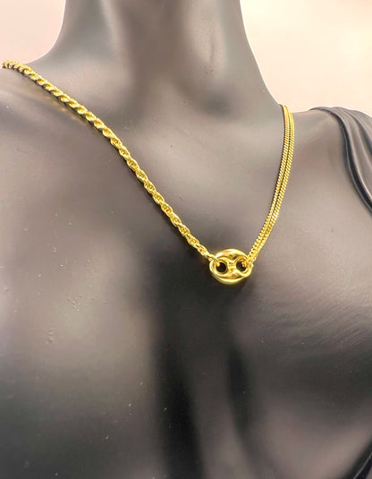 925 Sterling Silver Double Strand Necklace • Gold or Rhodium Plated Puffed Mariner Pendant Layered Rope & Curb Chain Minimalist Choker Gift