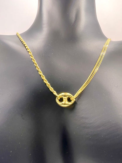 925 Sterling Silver Double Strand Necklace • Gold or Rhodium Plated Puffed Mariner Pendant Layered Rope & Curb Chain Minimalist Choker Gift