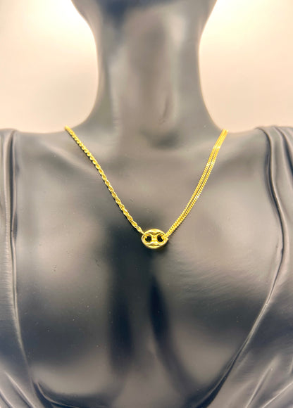 925 Sterling Silver Double Strand Necklace • Gold or Rhodium Plated Puffed Mariner Pendant Layered Rope & Curb Chain Minimalist Choker Gift