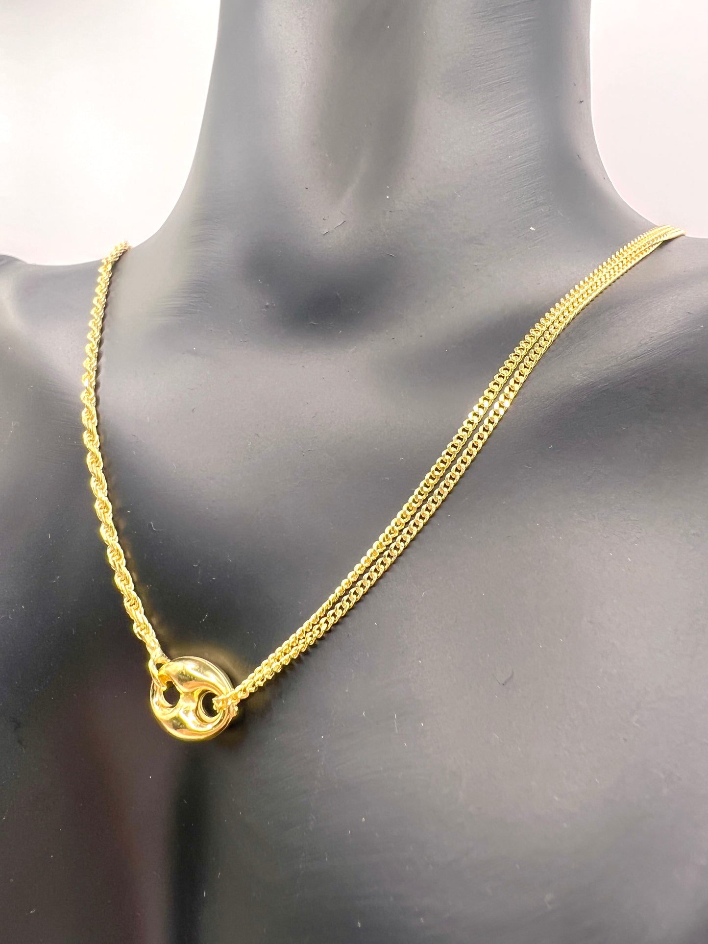 925 Sterling Silver Double Strand Necklace • Gold or Rhodium Plated Puffed Mariner Pendant Layered Rope & Curb Chain Minimalist Choker Gift