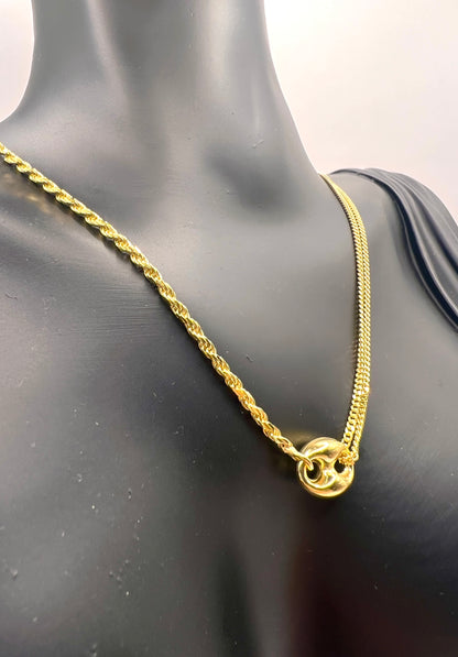 925 Sterling Silver Double Strand Necklace • Gold or Rhodium Plated Puffed Mariner Pendant Layered Rope & Curb Chain Minimalist Choker Gift