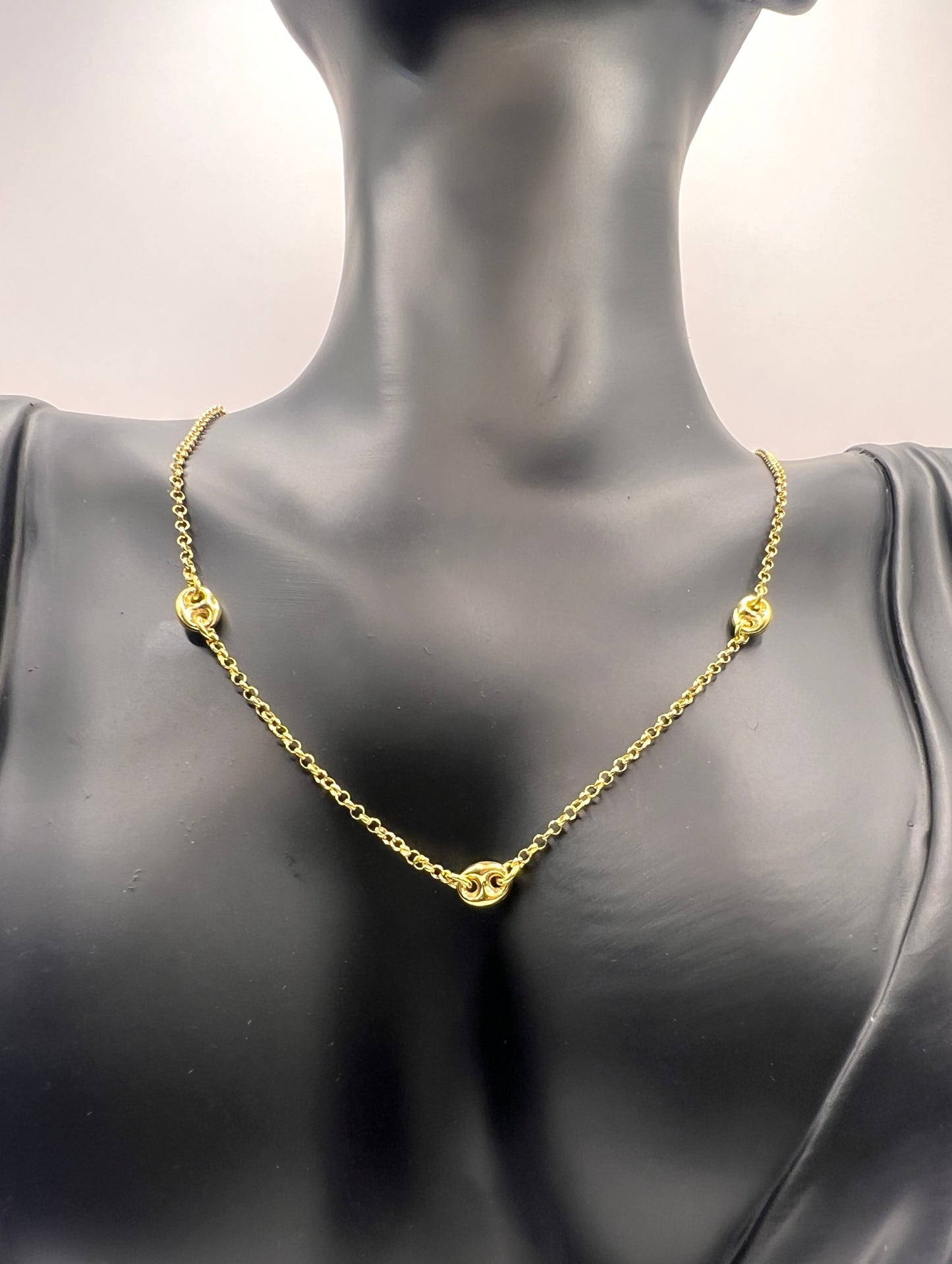 925 Sterling Silver 3 Puffed Mariner Necklace • Gold or Rhodium Plated Anchor Link Charm • Dainty Minimalist Triple Puff Choker Gift for Her