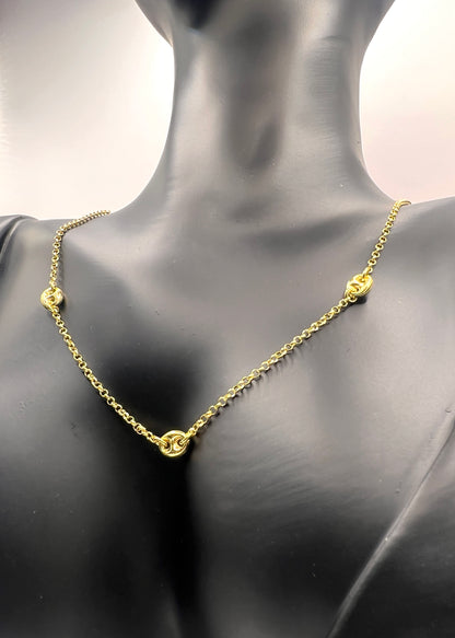 925 Sterling Silver 3 Puffed Mariner Necklace • Gold or Rhodium Plated Anchor Link Charm • Dainty Minimalist Triple Puff Choker Gift for Her