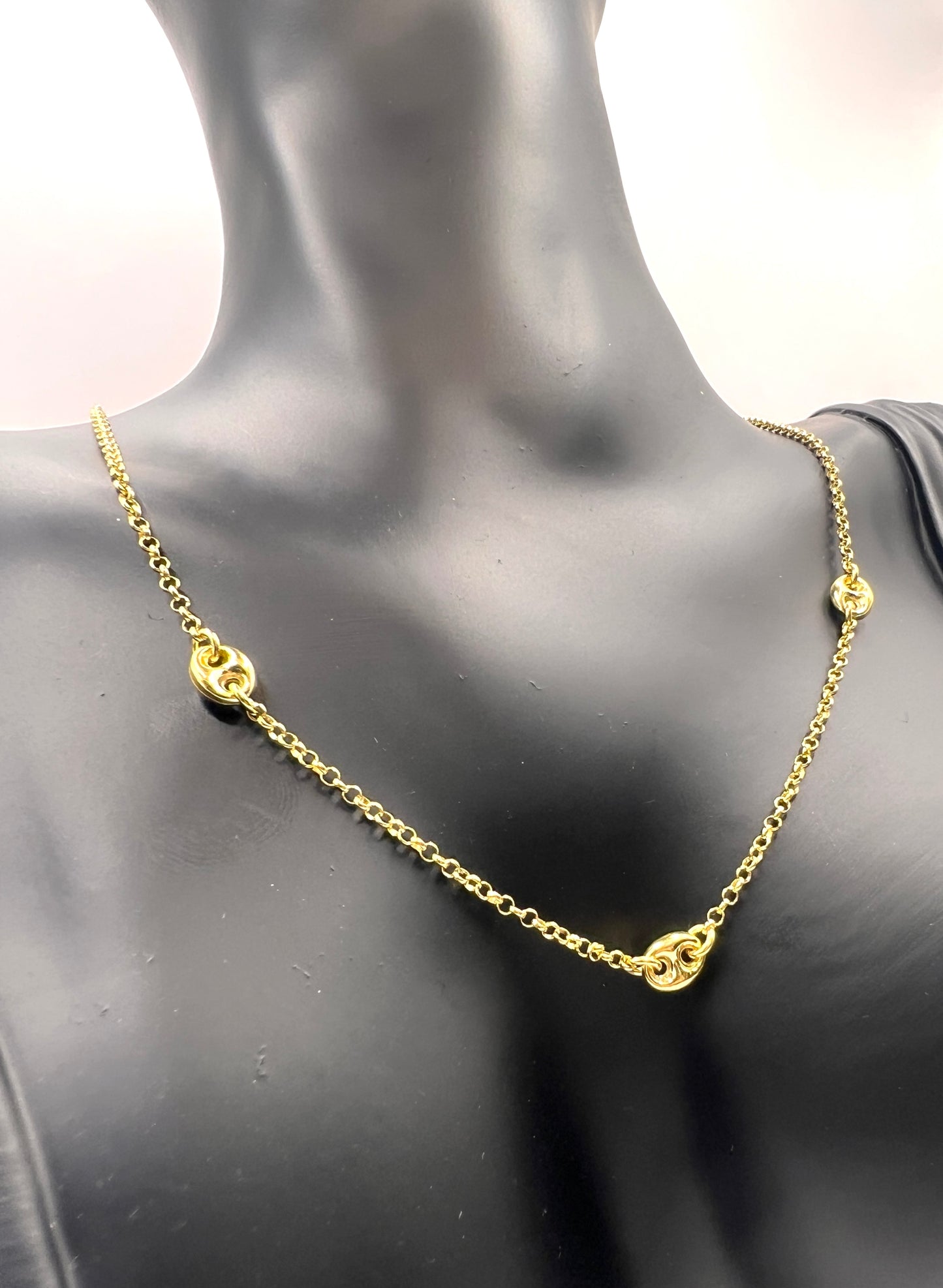925 Sterling Silver 3 Puffed Mariner Necklace • Gold or Rhodium Plated Anchor Link Charm • Dainty Minimalist Triple Puff Choker Gift for Her