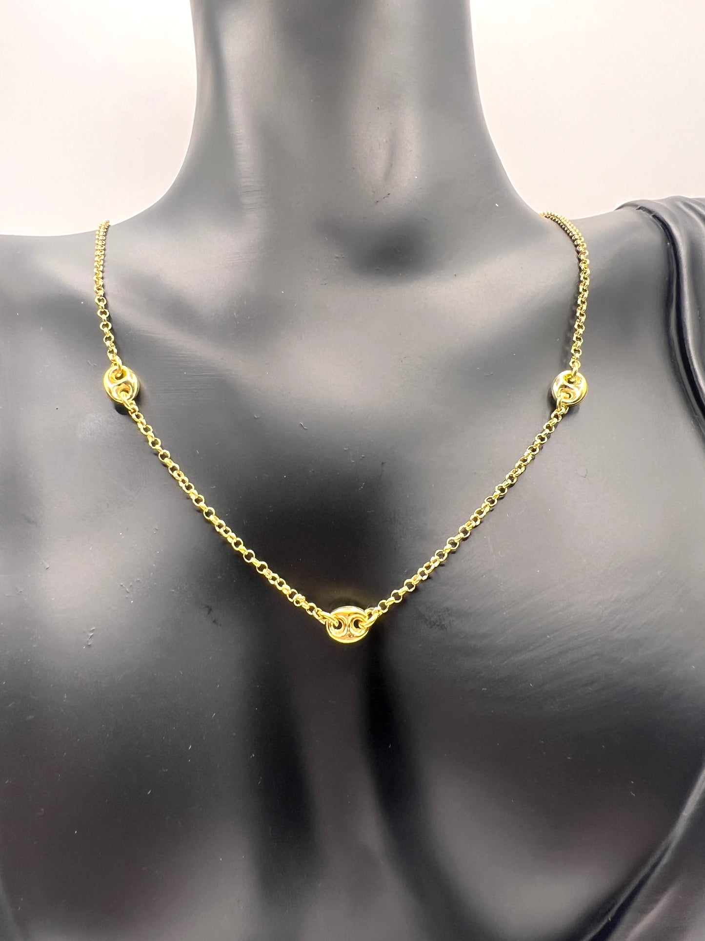 925 Sterling Silver 3 Puffed Mariner Necklace • Gold or Rhodium Plated Anchor Link Charm • Dainty Minimalist Triple Puff Choker Gift for Her