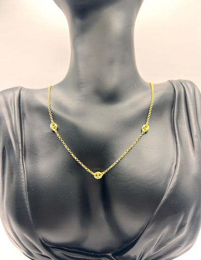 925 Sterling Silver 3 Puffed Mariner Necklace • Gold or Rhodium Plated Anchor Link Charm • Dainty Minimalist Triple Puff Choker Gift for Her