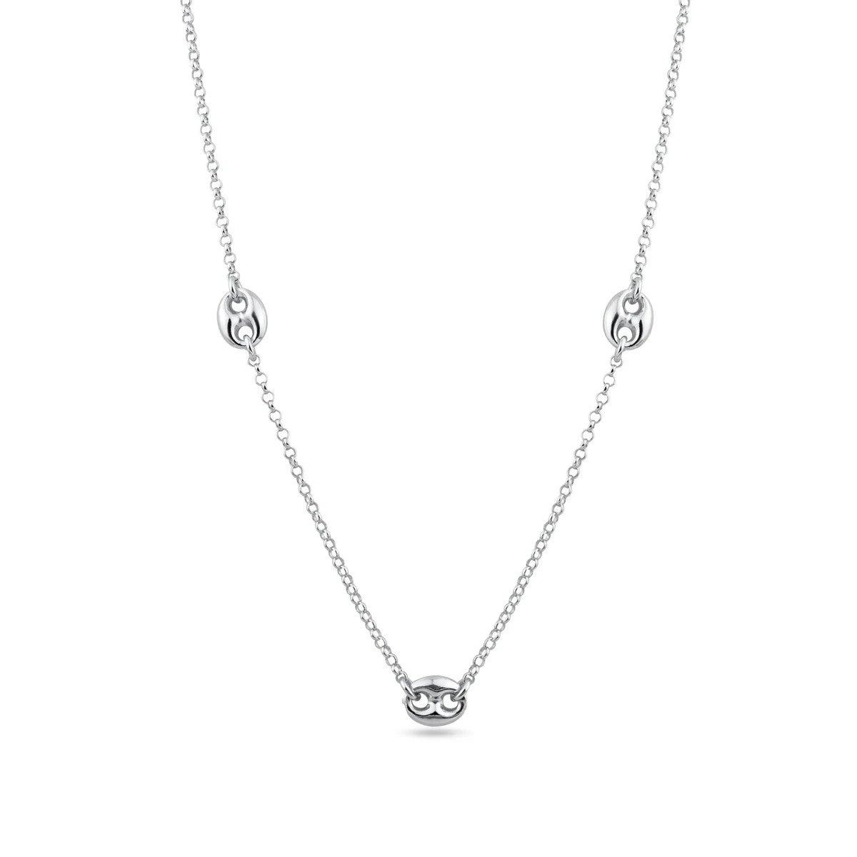 925 Sterling Silver 3 Puffed Mariner Necklace • Gold or Rhodium Plated Anchor Link Charm • Dainty Minimalist Triple Puff Choker Gift for Her