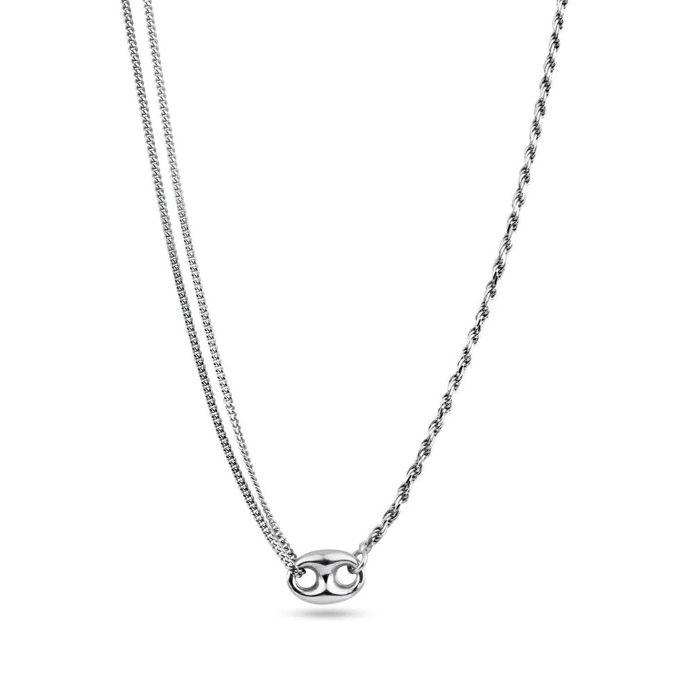 925 Sterling Silver Double Strand Necklace • Gold or Rhodium Plated Puffed Mariner Pendant Layered Rope & Curb Chain Minimalist Choker Gift
