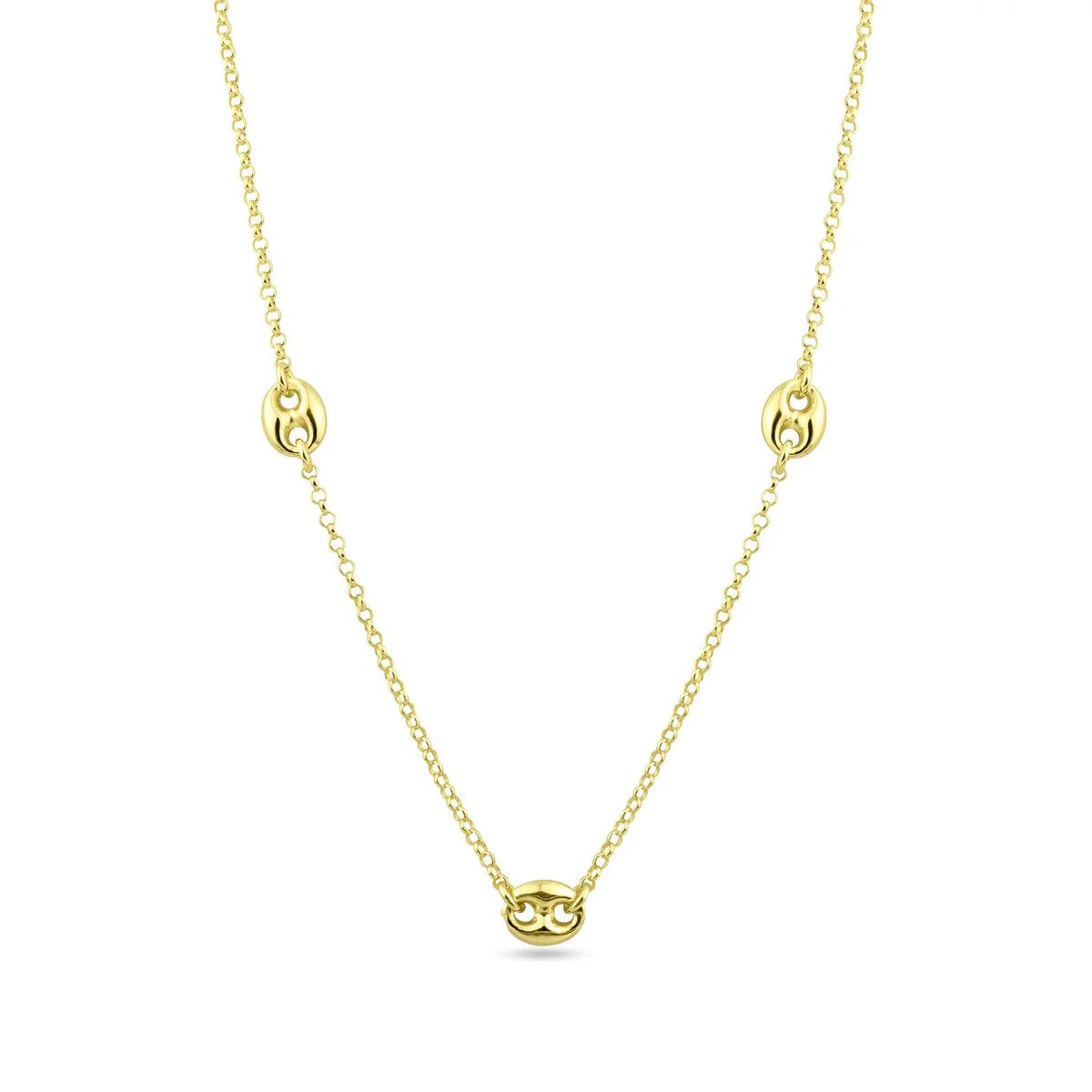925 Sterling Silver 3 Puffed Mariner Necklace • Gold or Rhodium Plated Anchor Link Charm • Dainty Minimalist Triple Puff Choker Gift for Her