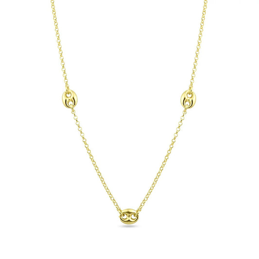925 Sterling Silver 3 Puffed Mariner Necklace • Gold or Rhodium Plated Anchor Link Charm • Dainty Minimalist Triple Puff Choker Gift for Her