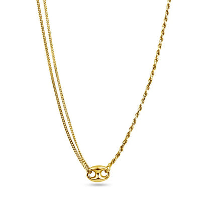 925 Sterling Silver Double Strand Necklace • Gold or Rhodium Plated Puffed Mariner Pendant Layered Rope & Curb Chain Minimalist Choker Gift