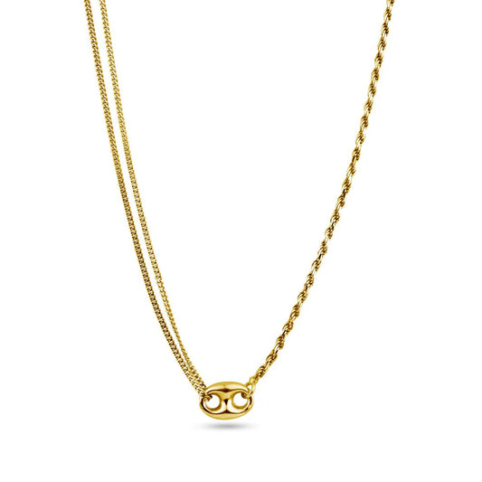 925 Sterling Silver Double Strand Necklace • Gold or Rhodium Plated Puffed Mariner Pendant Layered Rope & Curb Chain Minimalist Choker Gift