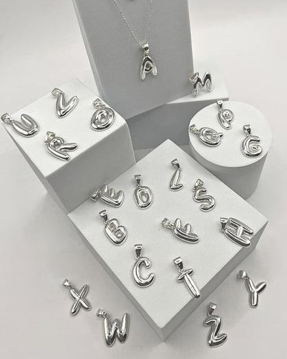 Custom Silver Bubble Initial Necklace, 3D Puffy Balloon Letter Pendant in 925 Sterling Silver, Modern Personalized Monogram Gift for Her